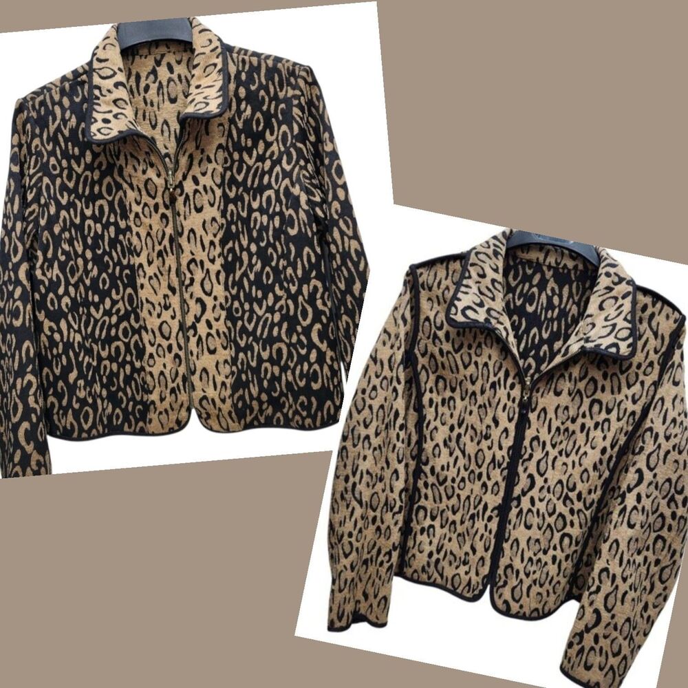 Vintage Animal Print Reversible Jacket Womens Large Black Tan No Tags Mob Wife